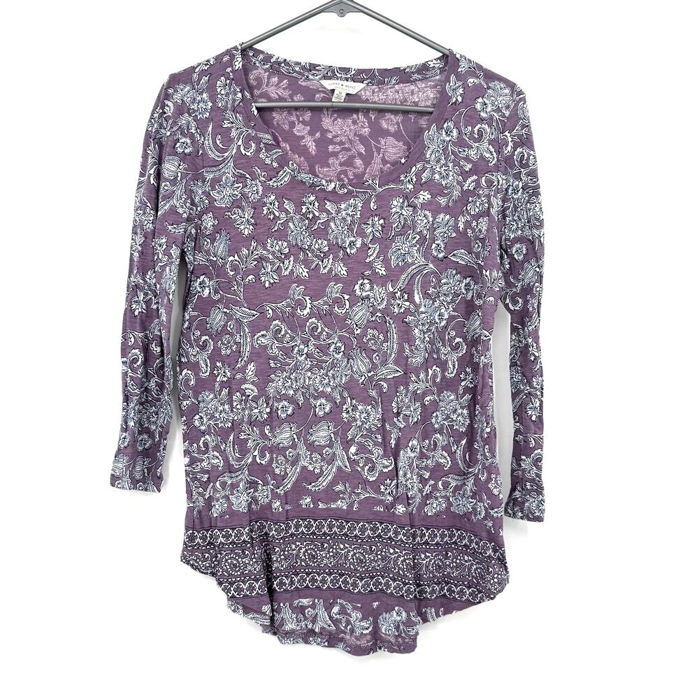 Lucky Brand Size Medium Mid Sleeve Blouse Top Shirt Purple Boho Floral Print